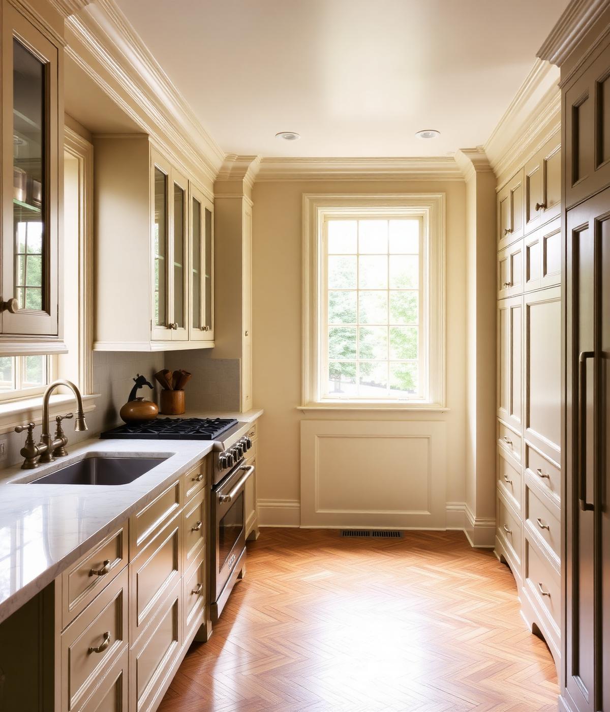 Historic West Hills home kitchen with detailed millwork and herringbone floors